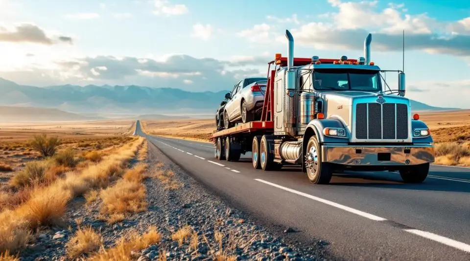 A flatbed tow truck carrying a vehicle on the highway, representing long distance towing from Grand Prairie.