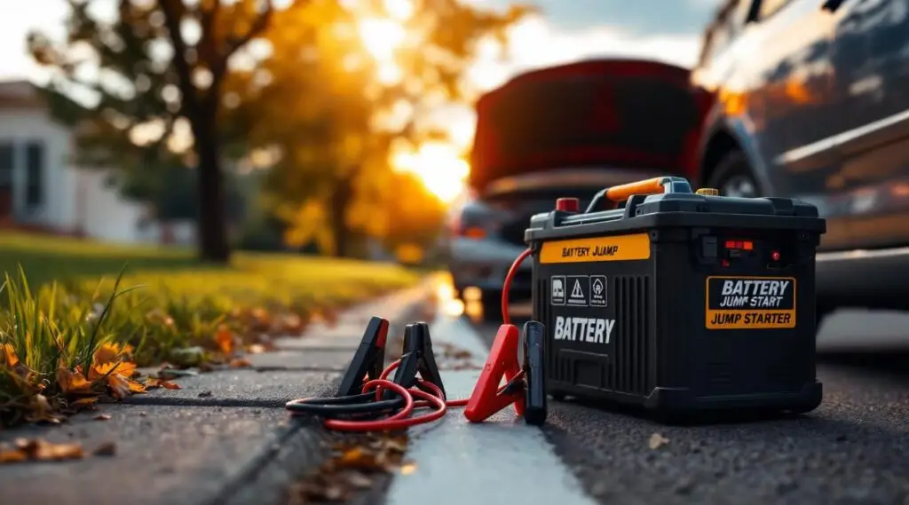 A professional tow operator hooks up heavy-duty jumper cables to a stranded car battery in Arlington, Texas.