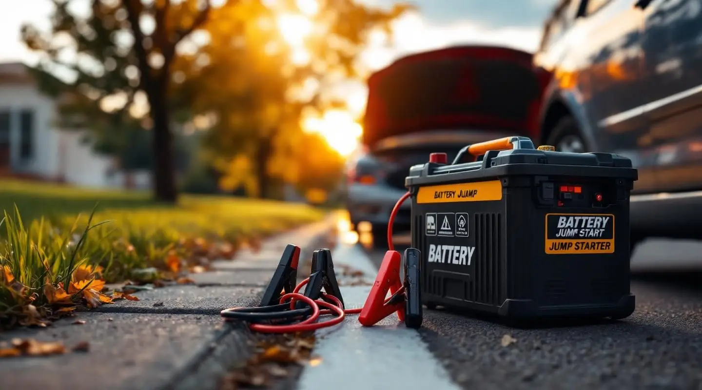 A professional tow operator hooks up heavy-duty jumper cables to a stranded car battery in Grand Prairie, Texas.