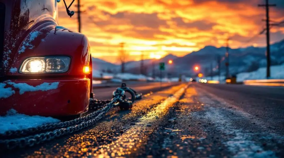 A professional tow truck operator securing a disabled car onto a flatbed on a Grand Prairie highway shoulder at sunset.