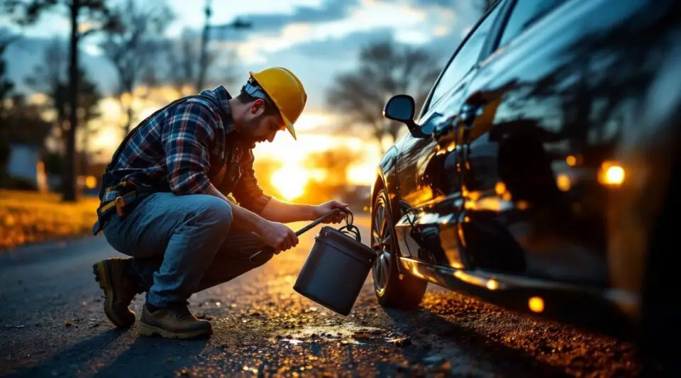 Roadside technician safely unlocking a car door with specialized tools on a Grand Prairie highway shoulder at dusk.