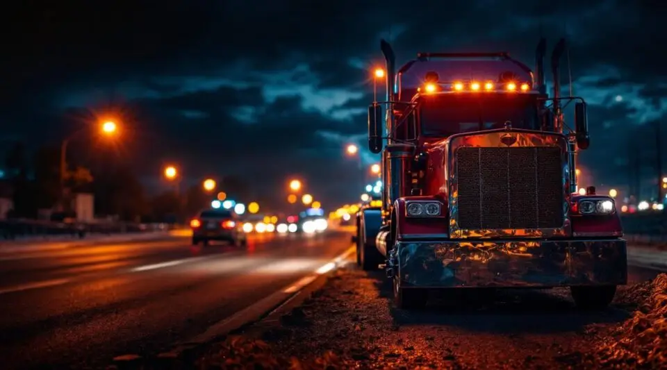 A flatbed tow truck loading a disabled car on a Grand Prairie highway shoulder under a dramatic twilight sky.