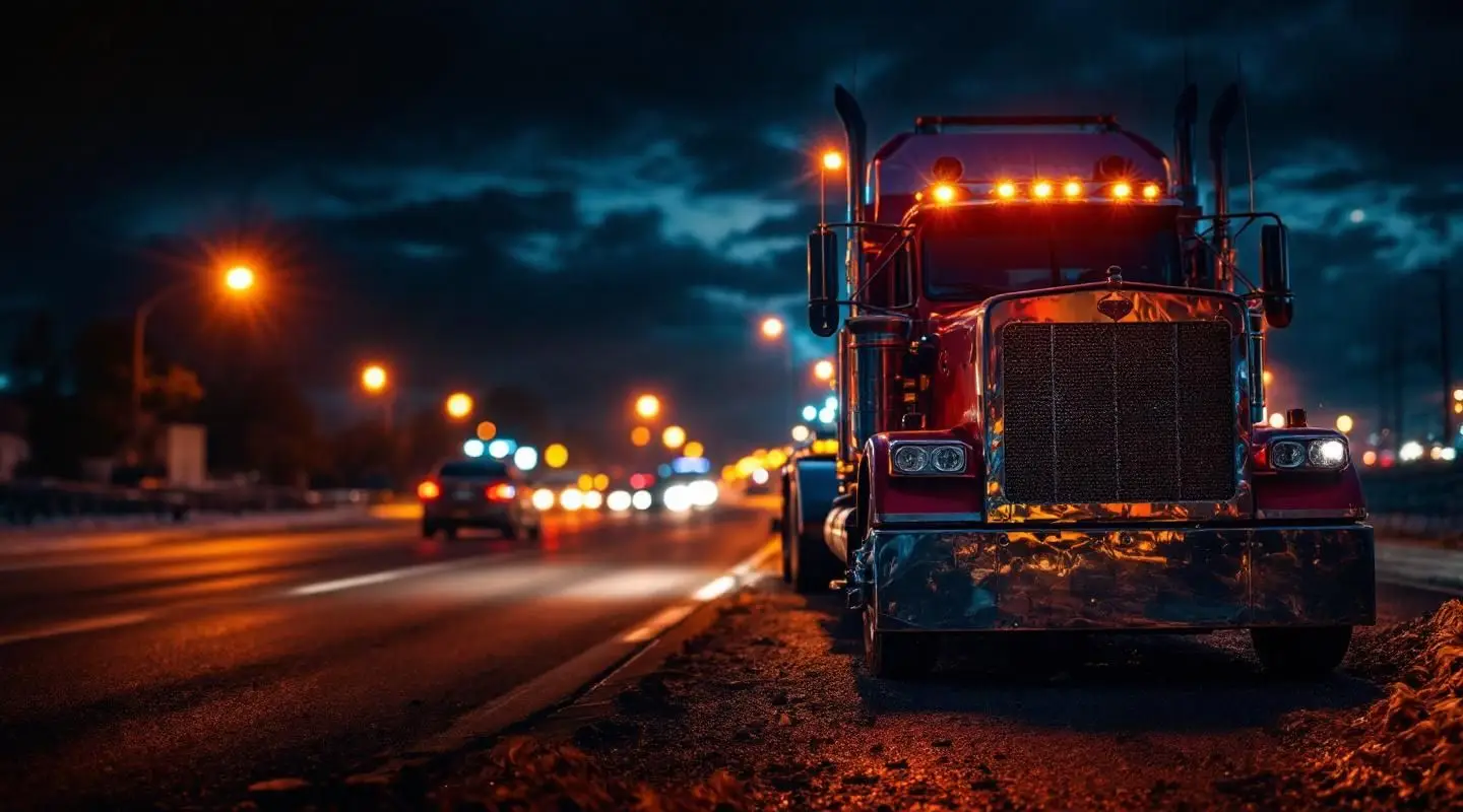 A flatbed tow truck loading a disabled car on a Grand Prairie roadside at night under amber emergency lights.