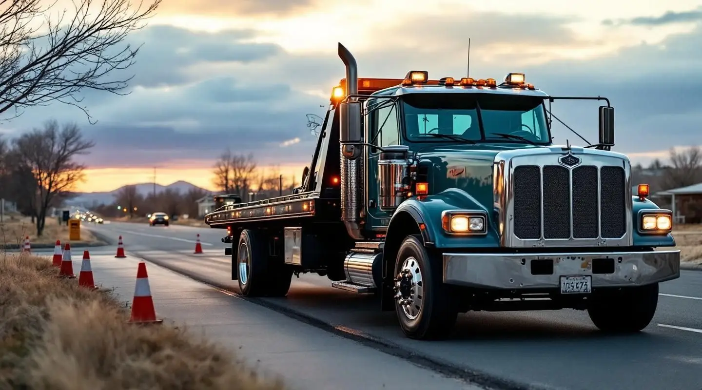 Flatbed tow truck loading a luxury sedan on a Grand Prairie street at dusk, highlighting damage-free vehicle transport.