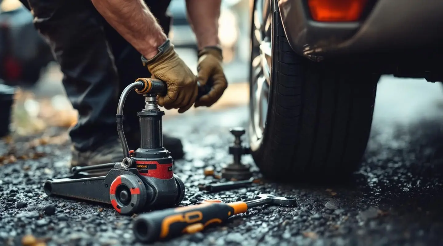 Professional roadside technician changing a flat tire on a sedan in Grand Prairie, illuminated by safety lights at night.