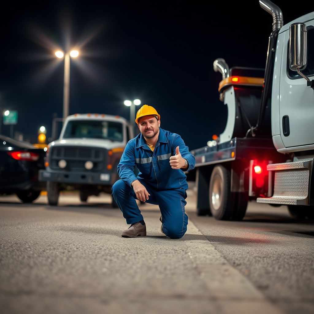 An experienced tow truck operator securing a vehicle onto a flatbed carrier in Arlington, Texas.