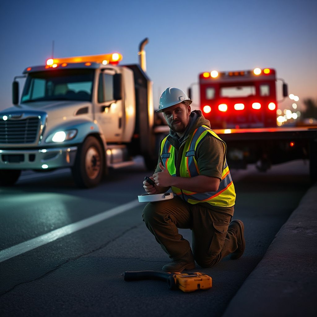 A professional tow truck operator in high-visibility safety gear preparing a flatbed tow truck in Mansfield, Texas.