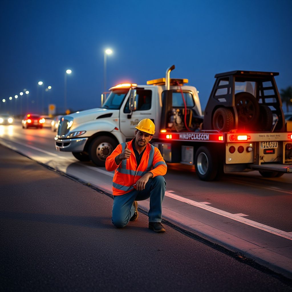 A professional tow truck operator in high-visibility safety gear securing a vehicle on a flatbed.