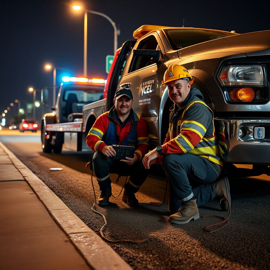 A flatbed tow truck parked safely under an overpass in Irving, Texas, ready for dispatch.